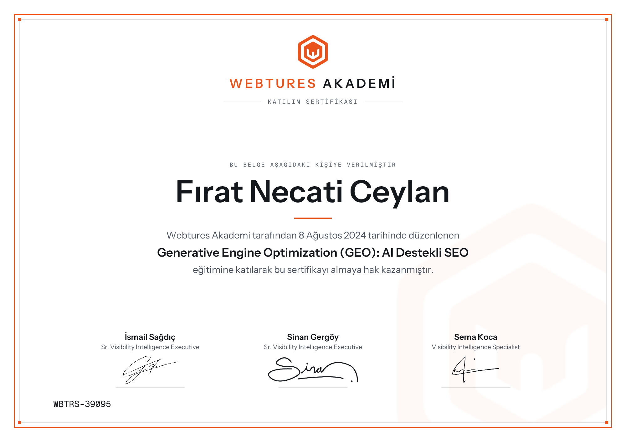 Fırat Necati Ceylan adına düzenlenen Generative Engine Optimization (GEO): AI Destekli SEO sertifikası