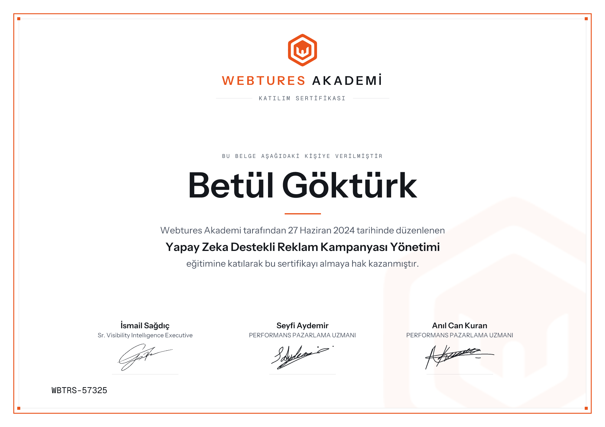 Betül Göktürk adına düzenlenen Yapay Zeka Destekli Reklam Kampanyası Yönetimi sertifikası
